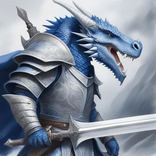 Prompt: A beautiful blue and white Dragonborn with no hair holding a greatsword with both hands with a murderous look in his eyes, perfect composition, hyperrealistic, super detailed, 8k, high quality, trending art, trending on artstation, sharp focus, studio photo, intricate details, highly detailed, by Greg Rutkowski, illustration, watercolor