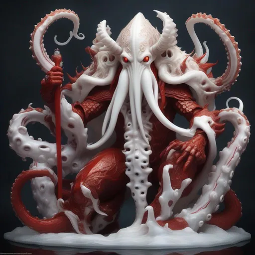 Prompt: cephalopod, white tentacles, red armor with white, white tusks, king of demons and earthly spirits, masterpiece, Best Quality
