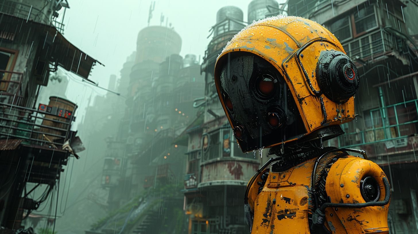 Prompt: High-resolution depiction of a yellow and black alien with detailed textures, in an urban setting infused with steelpunk and dieselpunk influences