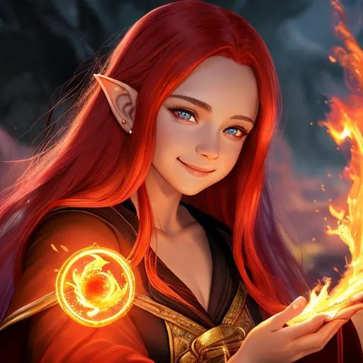 Prompt: oil painting, fantasy, hobbit girl, tanned-skinned-female, beautiful, bright red hair, straight hair, rosy cheeks, pointed ears, smiling, looking at the viewer, summoner wearing intricate black and red robes and casting a fire spell, #3238, UHD, hd , 8k eyes, detailed face, big anime dreamy eyes, 8k eyes, intricate details, insanely detailed, masterpiece, cinematic lighting, 8k, complementary colors, golden ratio, octane render, volumetric lighting, unreal 5, artwork, concept art, cover, top model, light on hair colorful glamourous hyperdetailed medieval city background, intricate hyperdetailed breathtaking colorful glamorous scenic view landscape, ultra-fine details, hyper-focused, deep colors, dramatic lighting, ambient lighting god rays, flowers, garden | by sakimi chan, artgerm, wlop, pixiv, tumblr, instagram, deviantart