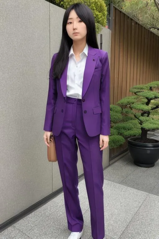 Prompt: Two japanese girl 17yo, purple suit, Trousers,