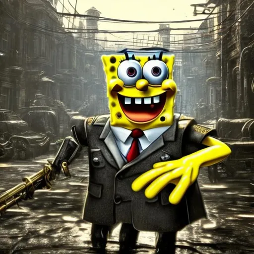 Prompt: spongebob, metal gear rising revengeance, rain, dark, somber