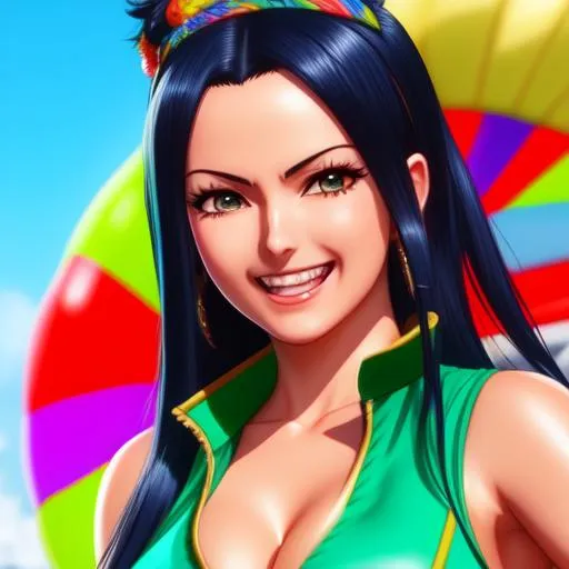 Prompt: hyper detailed, hyper artistic, hyper futuristic, hyper realistic, hyper unique, hyper unseen of too colored laughing Nico Robin from One Piece, 4k