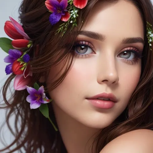 Prompt: Beautiful brunette woman with makeup portrait Flowers in hair, facial closeup