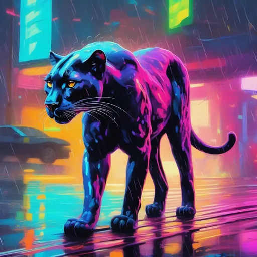 Prompt: A colourful and beautiful panther in the rain in a bright and neon cyberpunk world in a painted impressionistic style