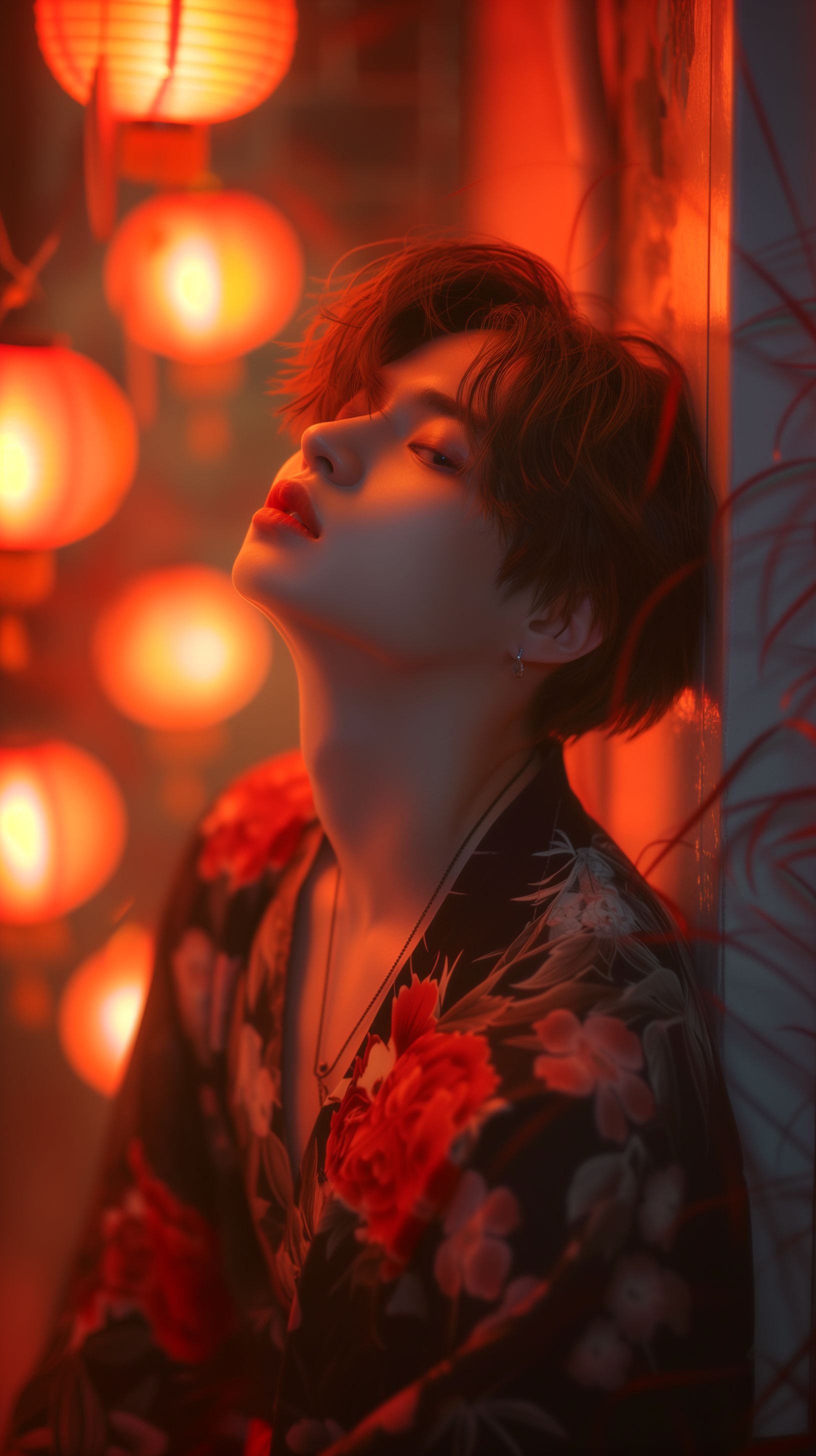 Prompt: a beautiful youthful man with a form fitting flower kimono his back against the wall, covered in red lanterns at a japanese hot spring, his mouth half parted open, his pupils looking up through half closed eyes, attractive, warm red blush on his pale face, dark smokey eyes hadow, japanese, red k-pop messy hairstyle, ahoge, --v 6.0 --ar 9:16