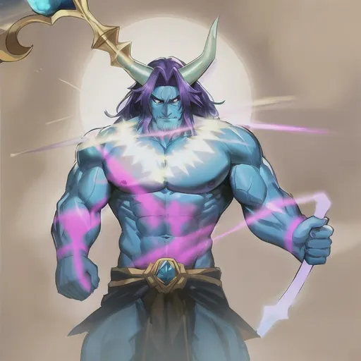 Prompt: "Blue skin ogre man, Large horns on the forehead., and wielding a large and powerful golden staff, Purple hair."