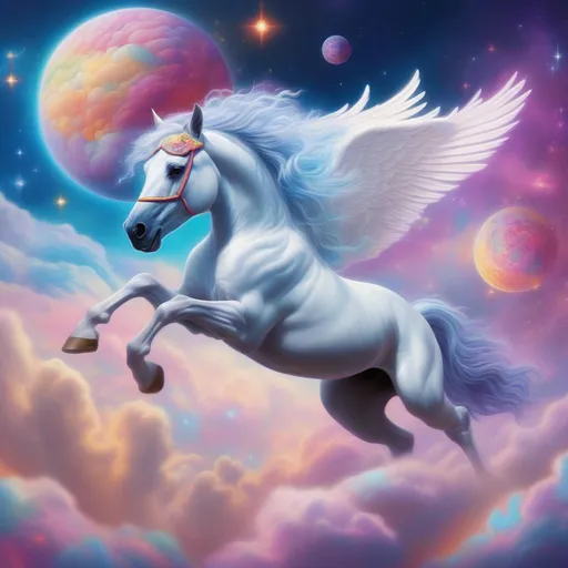 Prompt: a beautiful hyper realistic pegasus in the style of Disney and Lisa Frank running through clouds in space