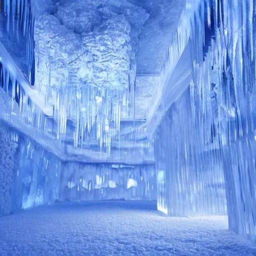 Prompt: a underground room with walls of ice with light flowing through. Also icicles on the ceiling. Hyper realistic hd  