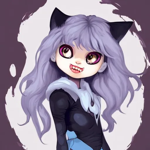 Prompt: Paint a catera ( human cat "just like a werewolf") she is a black cat from up and from dawn she is white she has blue daytime eyes and she has a neckless with a heart shape 