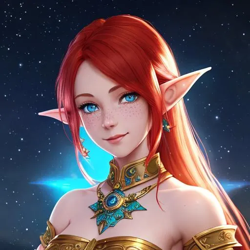 Prompt: oil painting, D&D fantasy, blue-skinned-elf girl, blue-skinned-female with freckles, slender, beautiful, short fiery red hair, wavy hair, smiling, pointed ears, looking at the viewer, cleric wearing intricate adventurer outfit, #3238, UHD, hd , 8k eyes, detailed face, big anime dreamy eyes, 8k eyes, intricate details, insanely detailed, masterpiece, cinematic lighting, 8k, complementary colors, golden ratio, octane render, volumetric lighting, unreal 5, artwork, concept art, cover, top model, light on hair colorful glamourous hyperdetailed medieval city background, intricate hyperdetailed breathtaking colorful glamorous scenic view landscape, ultra-fine details, hyper-focused, deep colors, dramatic lighting, ambient lighting god rays, flowers, garden | by sakimi chan, artgerm, wlop, pixiv, tumblr, instagram, deviantart
