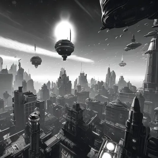 Prompt: monochrome, bioshock infinite floating cities, scifi, sky, high in air, brutal