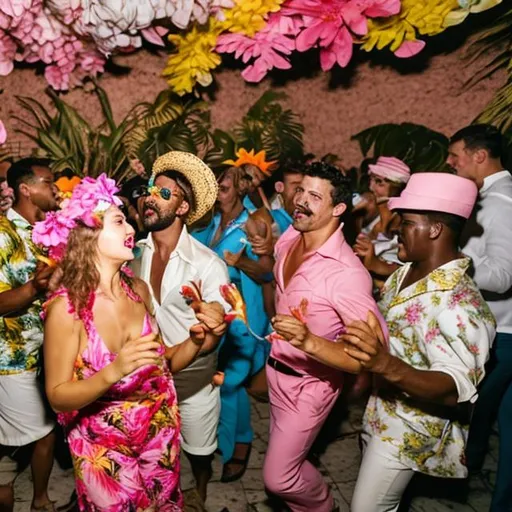 Prompt: A Havana themed party showing group of men and women  not looking at the camera directly dressed like Cubans in flowery outfits and dancing in a tropical bar