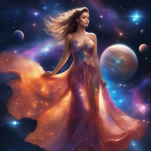 Prompt:  exquisit, hyper realistic, buxom, beautiful goddess with a stunning body, wearing a flowing, revealing, bright, Iridescent, glowing, sparkly, filmy gown, falling backwards through space, the stars, galaxies and nebulas, planets and shooting stars