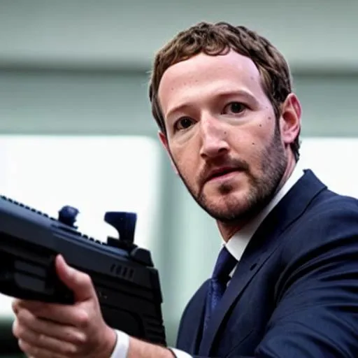 Prompt: cinematic still of bearded protagonist Mark Zuckerberg cosplaying as John Wick Zuckerberg in a suit with long hair running in the rain while aiming a pistol shooting a gun in the movie Mark Zuckerberg John Wick (2020)