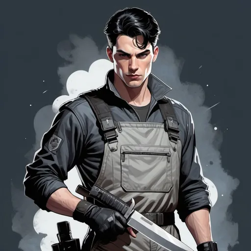 Prompt: An mature male youth with ghostly pale eyes, pale skin, raven-black hair, dressed in gray space overall, holding a combat knife, comic illustration