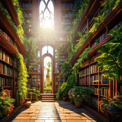 Prompt: magical library, garden, light, sun light streaming through windows, tall shelves, thousands of books, vines indoors, plants, flowers, jungle, garden, realistic, hyper realistic details, cinematic lighting, 3d, 8k