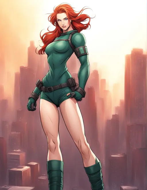 Prompt: beautiful Caitlin Fairchild from Gen 13 with red hair and green eyes holding a large rock, comic character design, the hard and strong buildings, rock climbing, realistic artstyle, 21:9, punching, telepaths, giantess art, 1 6 : 9, reduce character duplication, hydra, ((restrained)), cg art