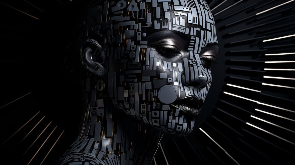 Prompt: artificial face made of linear patterns with woman and clock on background, in the style of dark silver and black, detailed hyperrealism, afrofuturism, paint dripping technique, peter coulson, luminous 3d objects, kinuko y. craft