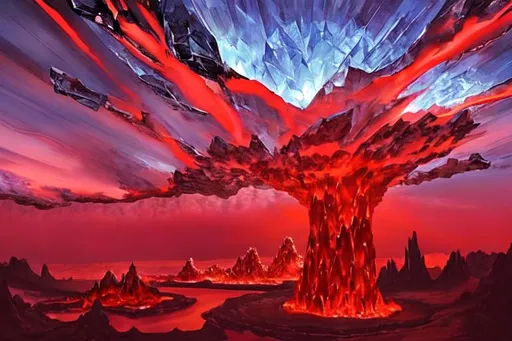 Prompt: detailed crystal skies devilish landscape with streams of lava under a crystal sky