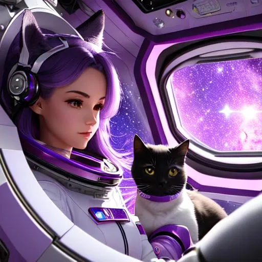 Prompt: Stunning girl with purple hair surrounded by cats of various colors and sizes on a space station. Girl wearing cute pink and purple space suit, cats in astronaut suits. Background shows vastness of space with numerous stars and galaxies. Modern, sleek space station with mechanical components. Whimsical, futuristic scene of girl and cats exploring space together, 8k, realistic, radiant, 8k, cinematic lighting, 35mm f1. 4, fuji color film