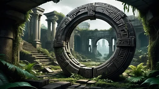 Prompt: magical portal between cities realms worlds kingdoms, circular portal, ring standing on edge, upright ring, freestanding ring, hieroglyphs on ring, broken ring, ruins, crumbling pillars, broken archways, ancient roman architecture, overgrown jungle setting, panoramic view, futuristic cyberpunk tech-noir setting