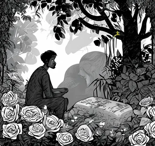 Prompt: a man sitting in the jungle aside of a grave with roses around him the picture shows melancholy it is for the music video the story of it is as follows: Story the song convey: A man has experienced the loss of his beloved who has passed away. He is deeply affected by her absence and is considering taking his own life.