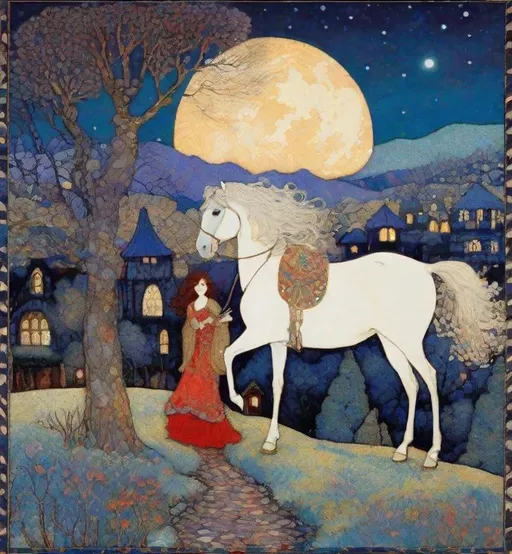 Prompt: Inlay Aubusson tapestry: a winter enchanted beautiful princess and her white horse, a whimsical village landscape background under a beautiful twilight night sky art by Jane Small, Edmund Dulac, Iris Scott, John Lowrie Morrison, Pat Steir, Thomas Edwin Mostyn, Gustav Klimt, John Piper, William Timlin, John Bauer. 3/4 portrait, beautiful pastel aquarelle colours, crispy quality, cinematic smooth, polished finish, high quality, very clear resolution, blue, gold and rose tones, metallic glow