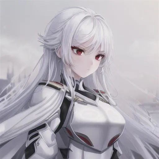 Prompt: sharp focus, sharp line, white-snow hair, Kpop Idol-like hairstyle, fair skin, red eyes,  beautiful girl, white knight uniform , serious face, side view, standing in castle novel cover style, 4K, 2:3