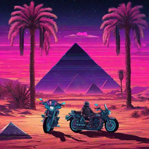 Prompt: vapor wave desert scene, pyramids, motorcycle parked, highly detailed, palm trees, night sky, synthwave retro art