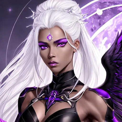 Prompt: Androgynous female, muscular jawline, angelic face, UHD, 64K, high resolution, intense deep Black skin, black face, African American features, long intense White hair pale blonde flowing, Valeryon, purple eyes, black wings, Fire background, amazing black crown on head, deep purple sky, clear white moon in sky, detailed images, clear sharp resolution 