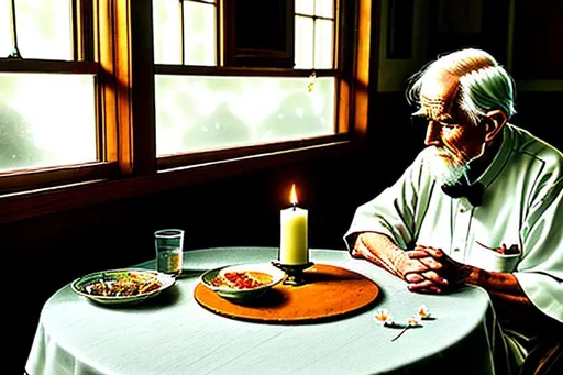 Prompt: An elderly man sits  alone praying at a table. He is sick and thin. There is what looks to be a meal before him but it is sparse and not very appetizing. A kitty sits on the table looking at him. His little paw reaches out to the old man. There is a note and a tiny flower on the table and a candle stick. In the style of Norman Rockwell