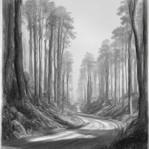 Prompt: drawing of distant carriages through a forest road