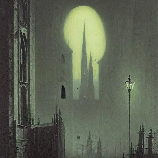 Prompt: Beksinski gothic city street, fog, night, dark-green and black colours, big tower at the distance