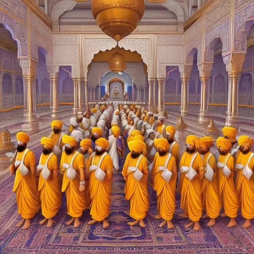 Prompt: All 10 sikh gurus lined up alongside the eternal Sikh guru Granth sahib jee, futuristic 64 k art, entire Sikh civilization
