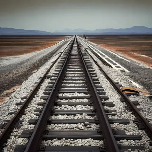 Prompt: horizontal distant train tracks in a vast empty space