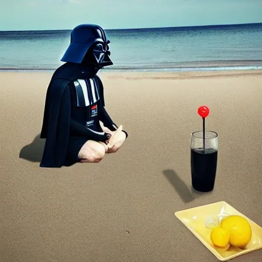 Prompt: Darth Vader drinking lemonade on beach