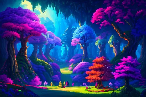 Prompt: In this pixel art depiction, Wonderland is a realm of pure wonder and beauty. Its landscape is filled with beautiful forests full of vibrant colors and incredible scenes, and its skies are filled with spectacular displays of light and color. This truly is a realm of infinite possibilities and adventure, and one that calls to the soul and mind of all who witness it. It is a truly mystical and incredible place that leaves one in awe and wonder. Wonderland is a place that inspires the soul and fuels the mind with endless possibilities. It is truly magical and breathtaking. The pixel art depiction of this wonderland is truly an incredible and breathtaking depiction of a whimsical and enchanting paradise.