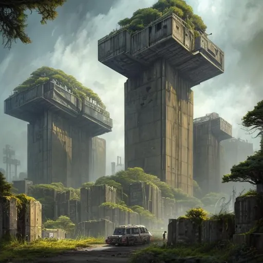 Prompt:  fantasy art style, painting, brutalist architecture, brutalism, brutalist building, industrialisation, industry, power plants, concrete, metropolis, greenhouse, terrarium, vivarium, utopia, plants, trees, tall trees, forest, dense forest, overgrown, giant, forest, redwood trees, crowded, overpopulated, crowds