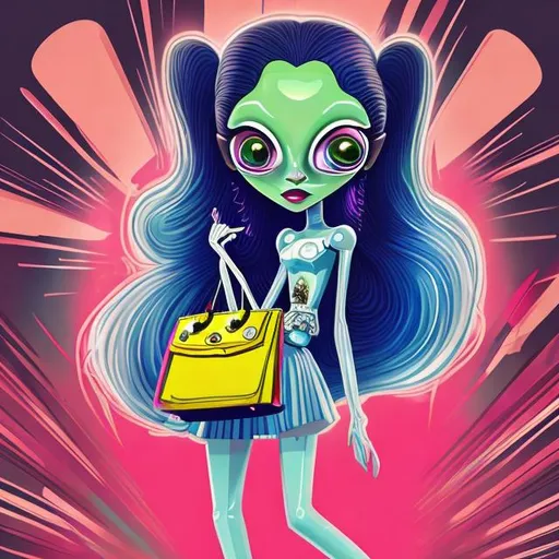 Prompt: Beautiful alien girl with big eyes and long eye lashes, big lips, long hair, wearing designer clothes and holding a Burlington purse, pop art, cinematic, simple background, high heels and long legs  