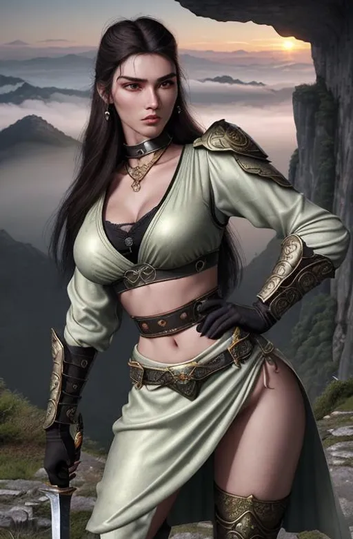 Prompt: Realistic lush ancient landscape, heavy mist, standing at the top of a mountain, at sunset,

Depicting a closeup of an exquisite, exotic, gorgeous, slender, ultra realistic young adult woman, wearing a heavy iron collar, gorgeous perfectly detailed facial features, long legs, elegant sumptuous perfect body, ultra pale, visible midriff, 20 year old powerful sword master, wielding a magical sword in a defensive pose,

Perfect contouring, hyper detailed, intricate detail, finite detail, fantasy concept art, 64k resolution, deviantart masterpiece. UHD, Perfectly 3D Rendered