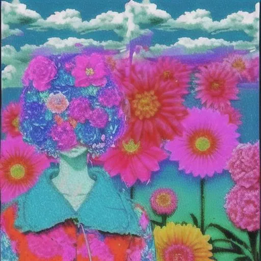 Prompt: Vaporwave, flowers, collage, psychodelic, 80's colors, tecnology and clouds and 1 person