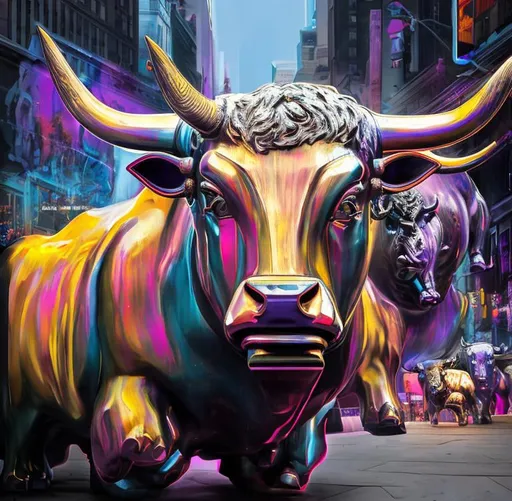 Prompt: Hyper-realistic modern painting of the Charging Bull of Wall Street contemporary styles. The bull is rendered in bold strokes, with vivid hues of blues, purples, and golds replacing the traditional bronze, creating a surreal juxtaposition against the grayscale New York city backdrop. Flecks of neon colors dot the bull, representing the fast-paced stock market ticks. Tourists around the statue are abstracted, with blurred faces and elongated forms, emphasizing the timelessness of the bull amidst fleeting moments. Canvas texture prominently seen, with thick impasto and visible brush strokes.  Acrylic and oil on canvas. Inspired by Picasso style