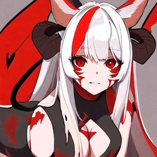 Prompt: Haley as a horse girl (multi-color hair) (left eye red and right eye brown) (demon horns and horse ears) (red markings all over her body)