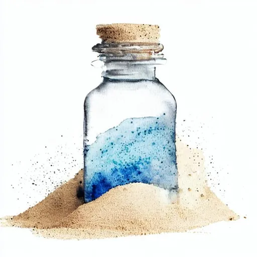 Prompt: A vial of magical sand, with tiny, shifting sand dunes that create mesmerizing patterns, watercolor, abstract, blue, cool, white background