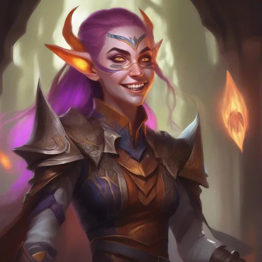 Prompt: d&d eladrin arcane trickster, mad toothy grin, heroic, brightly glowing eyes, badass, magic AF, colorful, chaotic, dangerous, hi res, lucky, femme, leather armor, gorgeous, long elf ears, unhinged, creepy