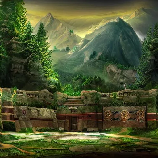 Prompt:  background of a fighting arena  in the green mystical mountains digital art
