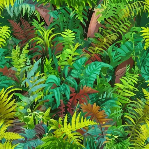 Prompt: Seamless cartoon background of a dense jungle with vines and ferns.