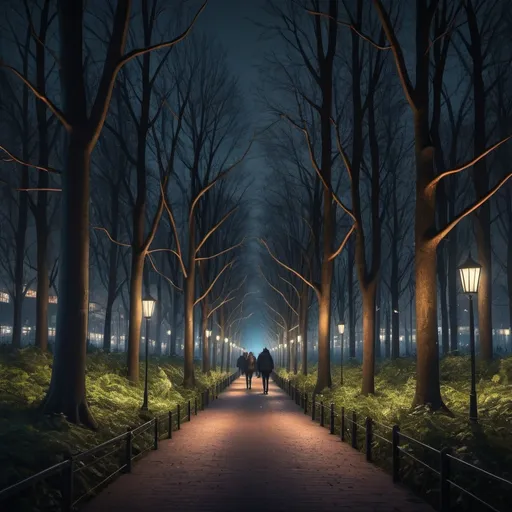 Prompt: Forest in Amsterdam, night scene, immersive lighting, walkway with few people, light art projections, atmospheric, best quality, detailed sketch, night lights, bewildered forest walkway, cityscape background, a lot of nature, high bushes, winter time