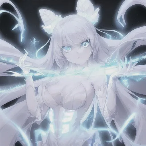 Prompt: a beautiful cute girl with white hair, and lights on her body which is light blue. with white angel like wings, and ocean like white clothing which is fancy. at an ocean. a ocean aura around her, and fluffy hair. with a fancy and glorious weapon in her hand. with her are in a cobra bun, with fancy accessories and vampire like teeth.